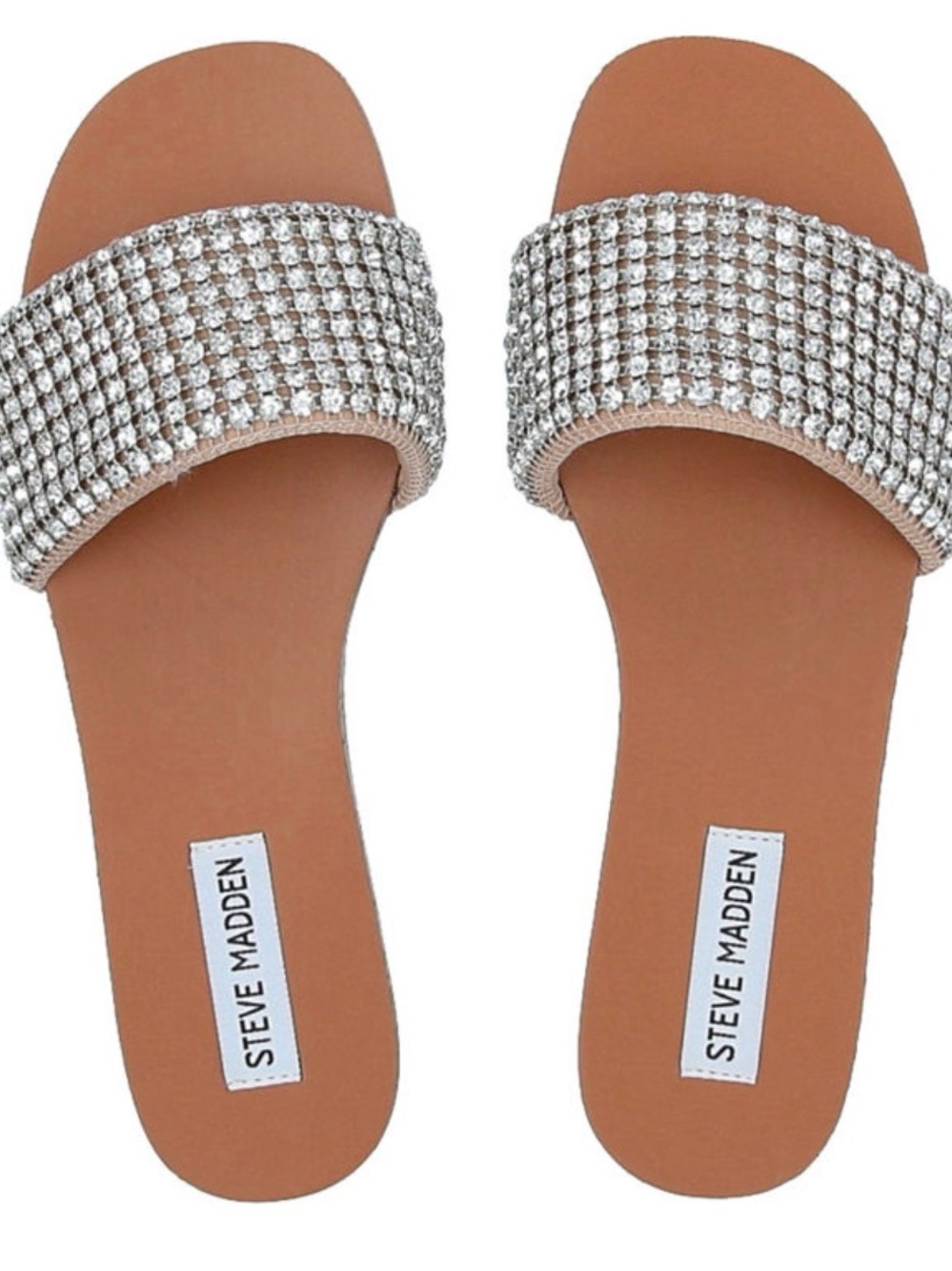 Steve Madden Crystal-Embellished Silver Slide Sandals